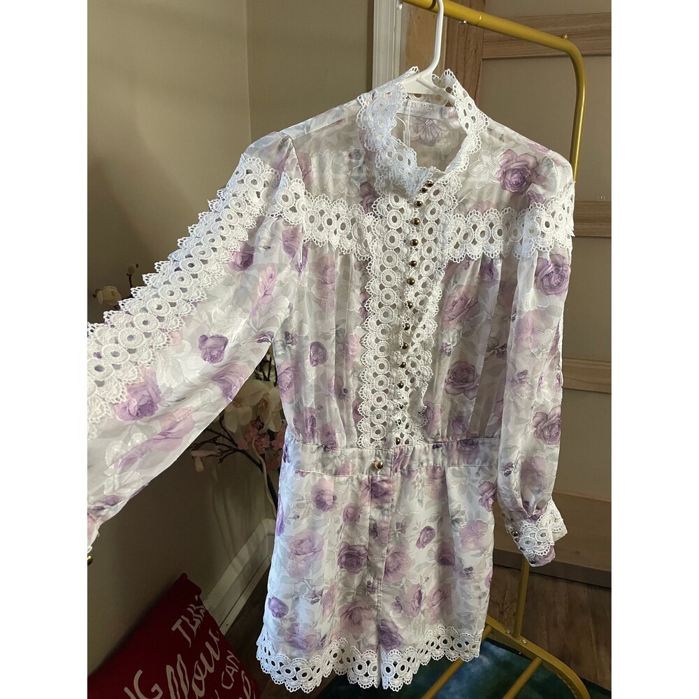 Muy Muy Lace Embroidered Romper Sheer White Purple High Neck Sz Small - Picture 6 of 9